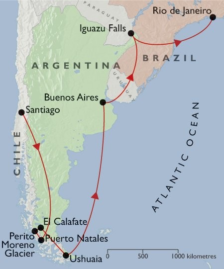 Best of Argentina & Chile + Tierra del Fuego + Rio & Iguazu map