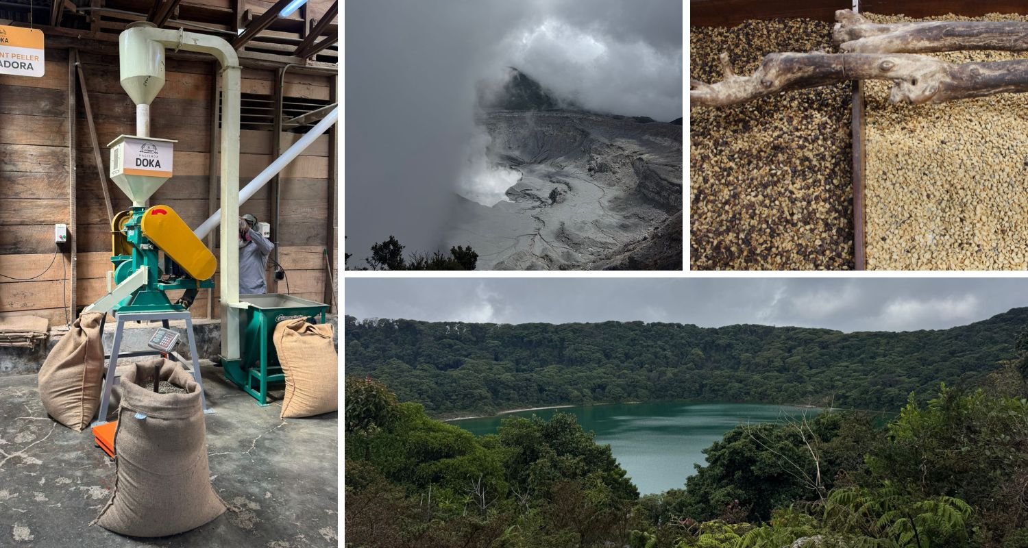 A collage of coffee machinery and plants at the Doka Estate and Poas Volcano in Costa Rica.