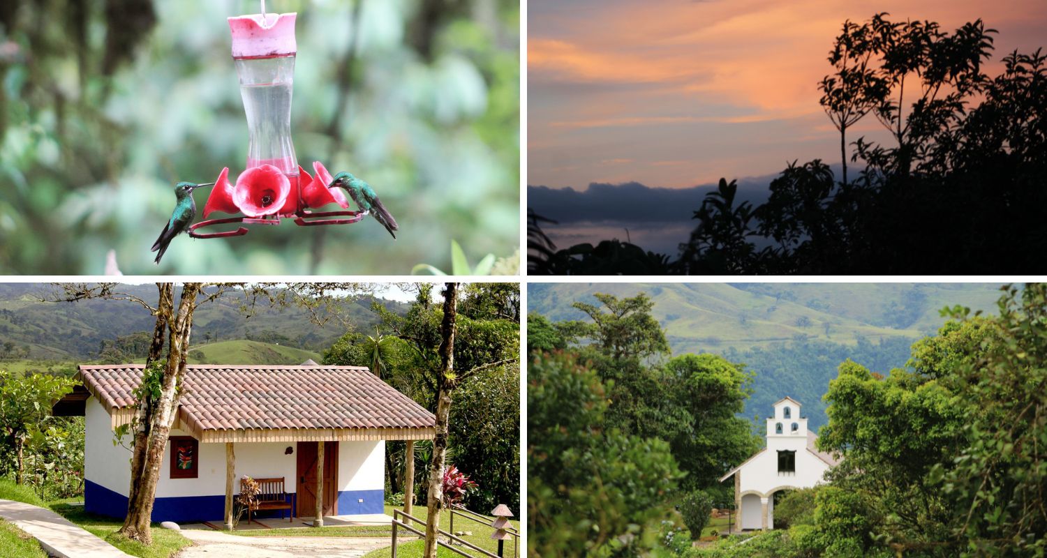 A collage of images taken in the Villa Blanca cloud forest, including one of a rustic casita, one of a small chapel, one of a sunset, and one of two birds at a bird feeder.