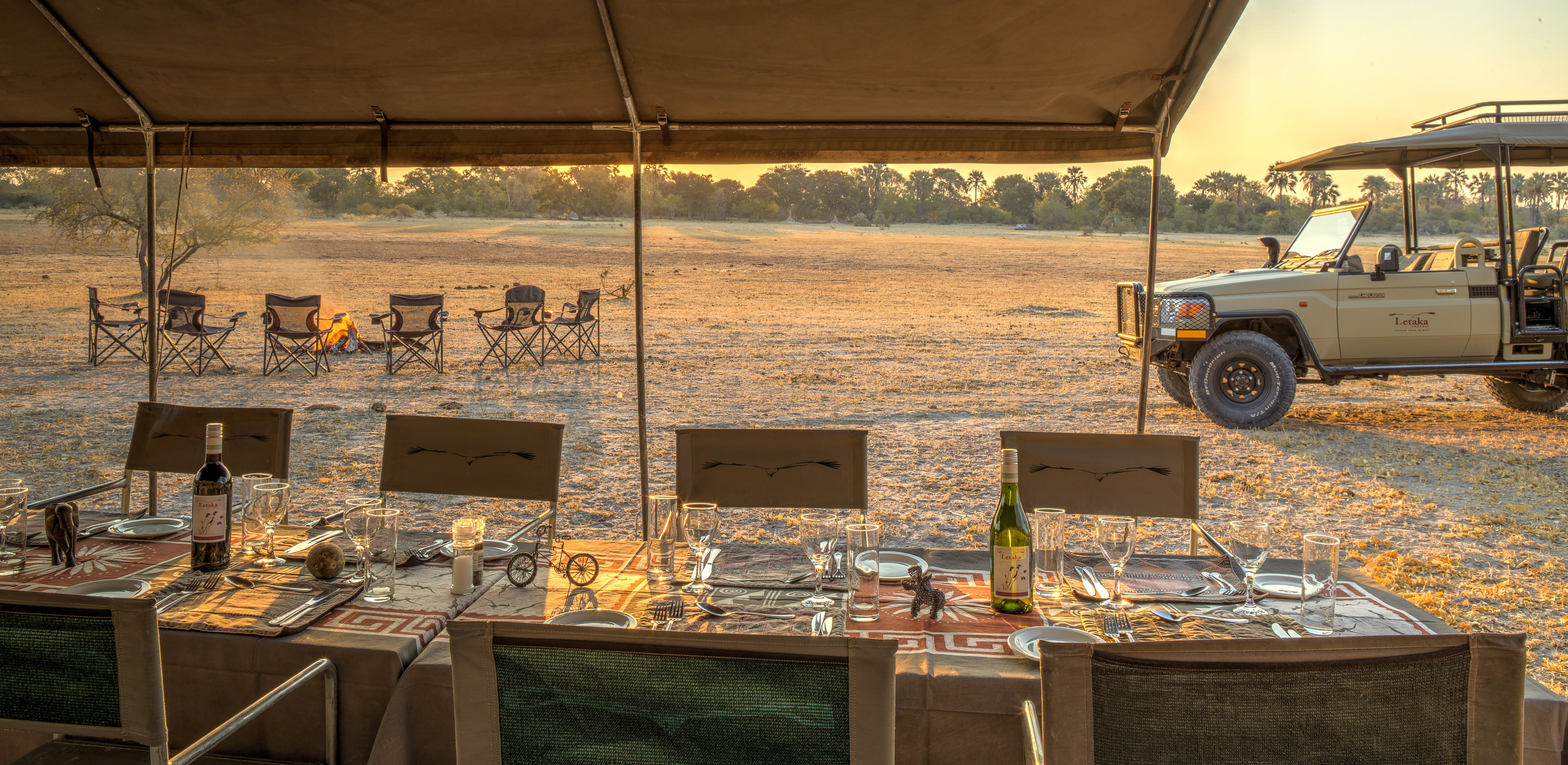 The dining area at a mobile tented safari operated by Letaka Safaris in Botswana.