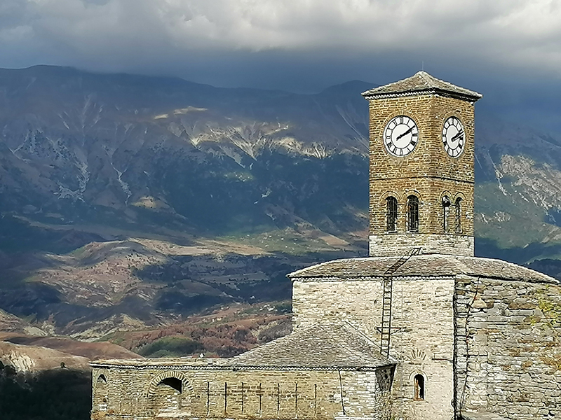 Gjirokaster Dino Mountains and Clock Tower from Fortress