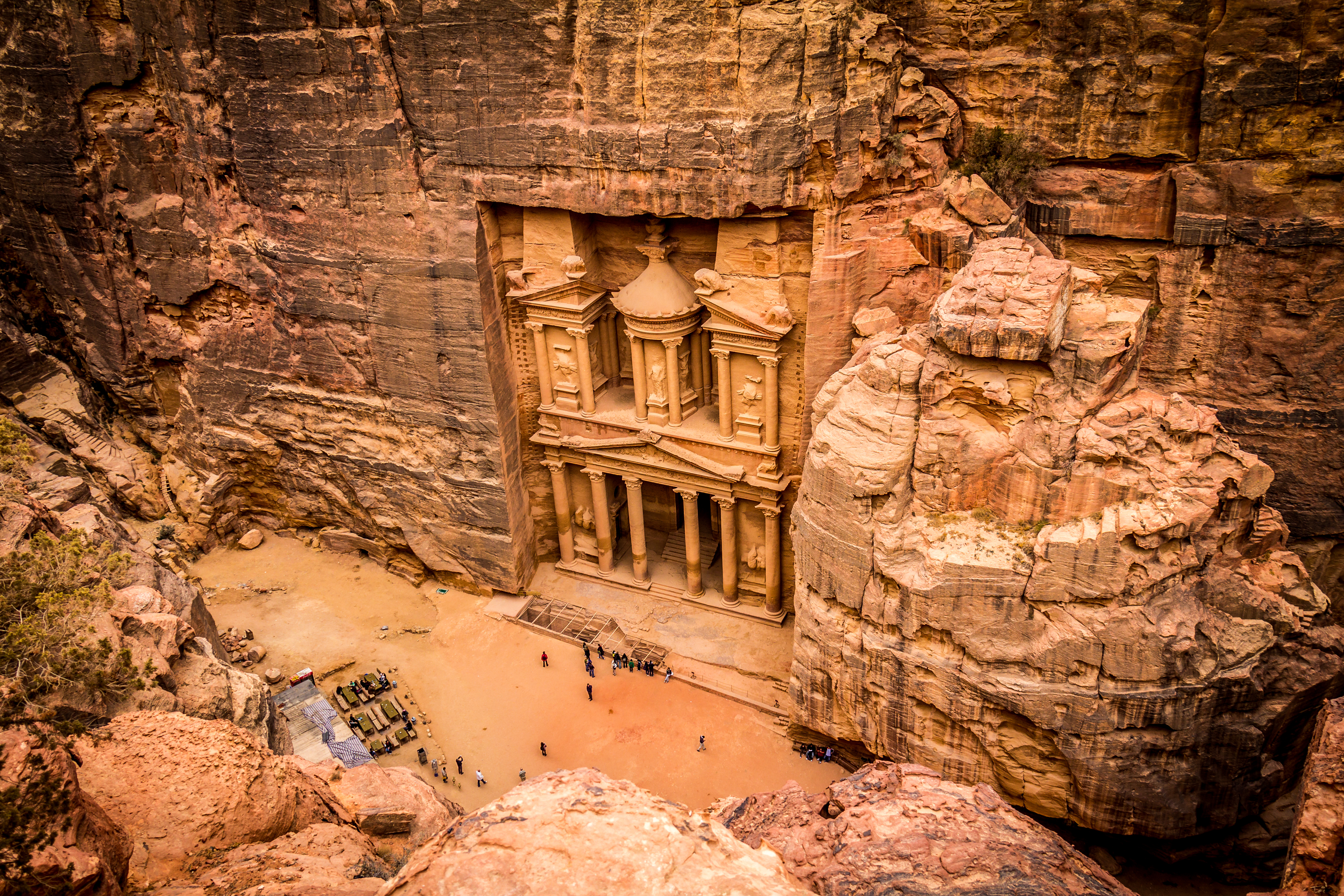 An aerial view of The Treasury at Petra, an archaeological site in Jordan.