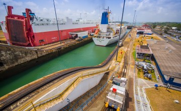 A Ship moving through a lock on the Panama Canal 