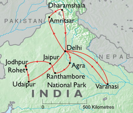 India, Himalayas and the Golden Temple, Sacred Ganges, Royal Rajasthan, Map