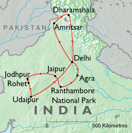 India, Royal Rajasthan, Himalayas and the Golden Temple, Map