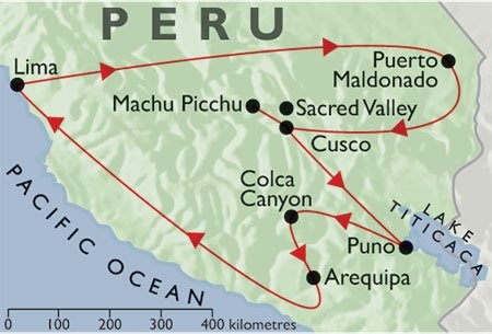 Incas & Conquistadors + Jungle + Iinca Trail + Titicaca + Condors & Convents map