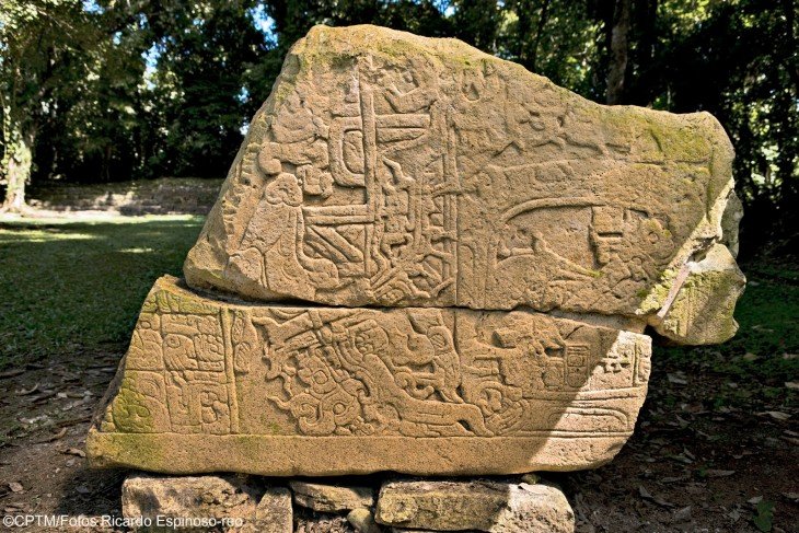 A carved stone at Yaxchilán archaeological site.