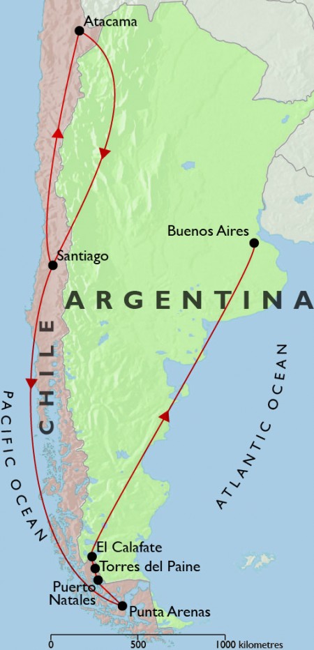 Best of Argentina and Chile plus Atacama Desert Map